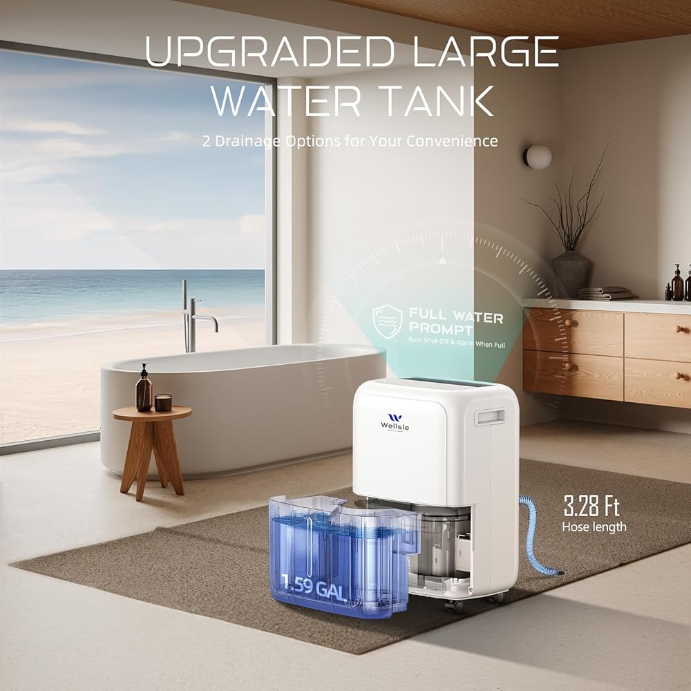 - Wellsle Most Efficient Energy Star Dehumidifier, 52 Pint Dehumidifiers for Basement and Home with Drain Hose, 1.59 Gallon Water Tank, Smart Humidity Control for Bedroom with 24HR Timer, Auto Shut Off
