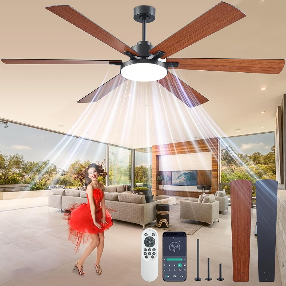 72 inch Ceiling Fans with Lights and Remote Control,Indoor/Outdoor Flush Mount Low Profile Commercial Reversible Dimmable Wood Grain Ceiling Fans for Living Room Patio Industrial Shop. -
