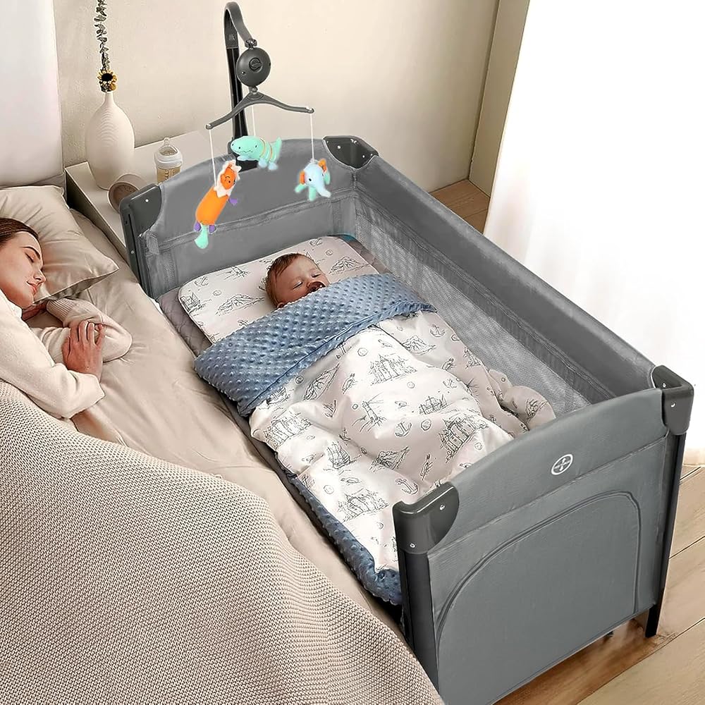 : JOYMOR Baby Bedside Bassinet, Baby Bassinet, Pack n Play Convert Playpen, Quick Foldable Travel Bed with Toy, Wheels & Brake, Carry Bag for Boys Girls (Gray) : Baby