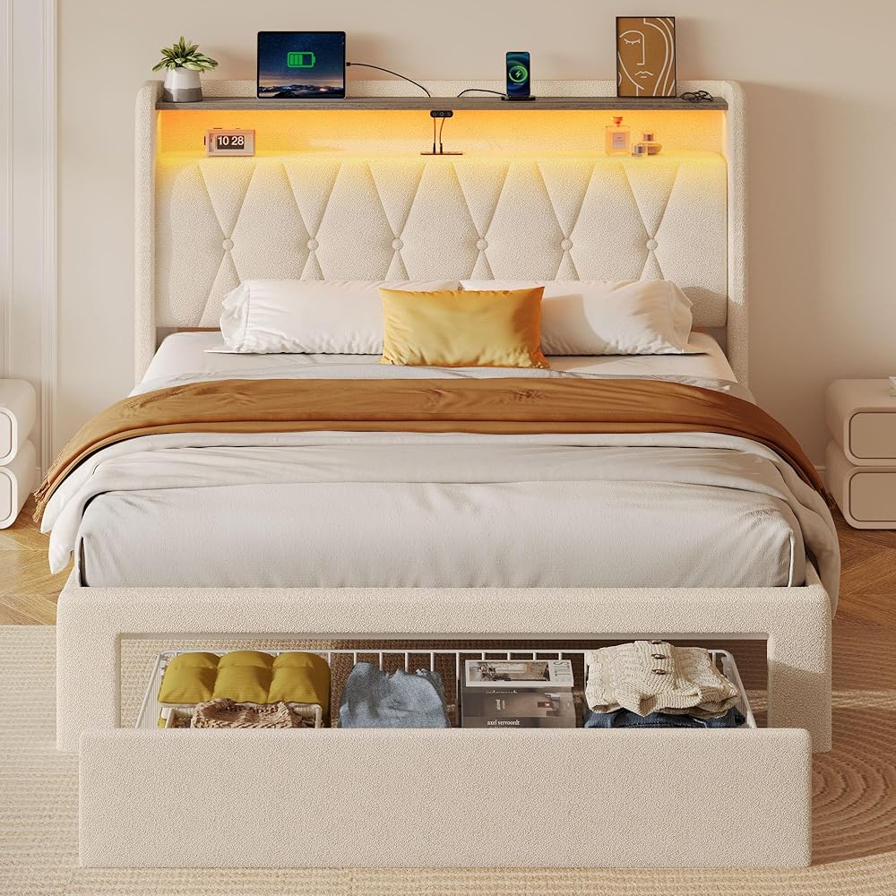 Rolanstar Twin Bed Frame with Drawer, Storage Headboard with Charging Station and LED Lights, Upholstered Bed with Heavy Duty Wood Slats, No Box Spring Needed, Noise Free, Easy Assembly, Beige : Home & Kitchen