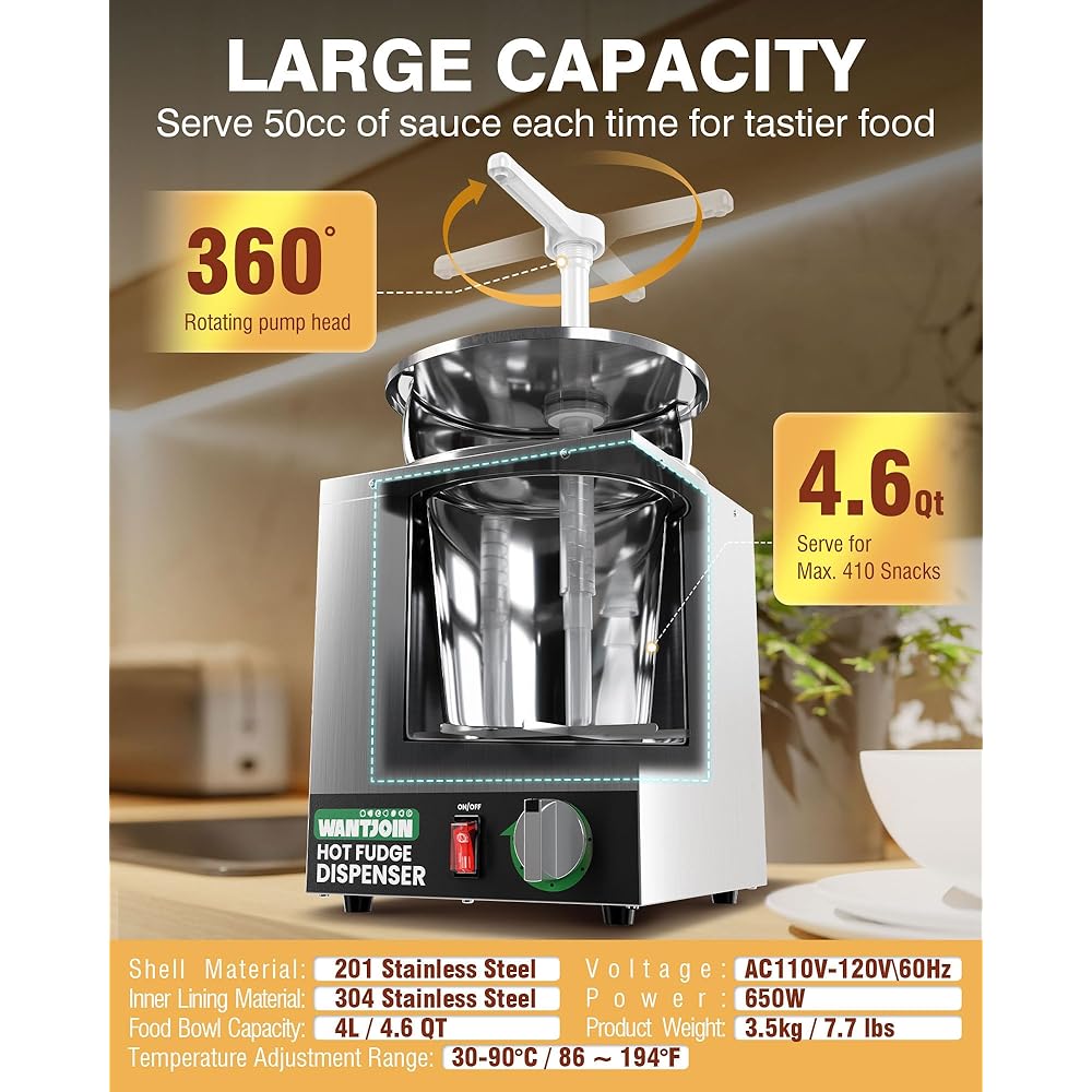 WantJoin 4.6Qt Nacho Cheese Dispenser with Pump - Nacho Cheese Warmer,Stainless Steel Hot Fudge Warmer W/5-Level Temperature Adjustment,Hot Fudge Dispenser for Hot Fudge Cheese Caramel : Home & Kitchen