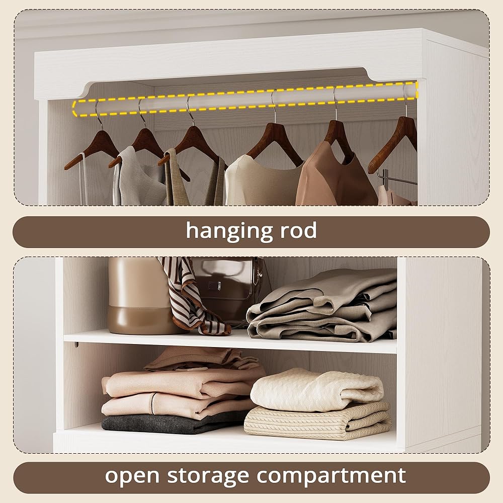 IRONCK Freestanding Closet System with 3 Wood Drawers, Modern Armoire Wardrobe with Adjustable Shelves & Hanging Rod, Walk-in Closet Systems Organizer for Small Closet, White : Home & Kitchen