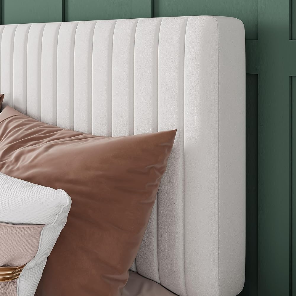 Allewie Queen Bed Frame, Velvet Upholstered Platform Bed with Adjustable Vertical Channel Tufted Headboard, Mattress Foundation with Strong Wooden Slats, Box Spring Optional, Easy Assembly, White : Home & Kitchen