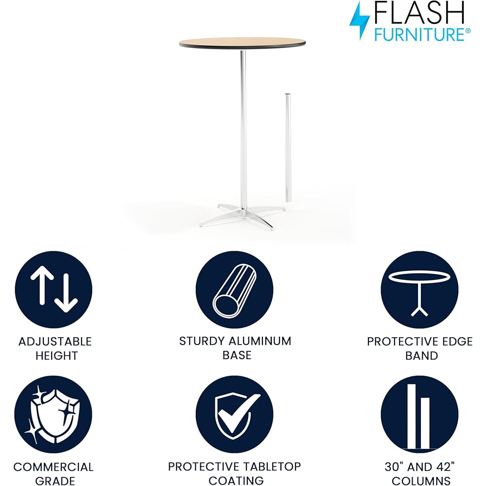 Flash Furniture Lars 30'' Round Wood Cocktail Table with 30'' and 42'' Columns, Adjustable Wood Bar Height Table for Events or Home Use, Natural : Flash Furniture: Home & Kitchen