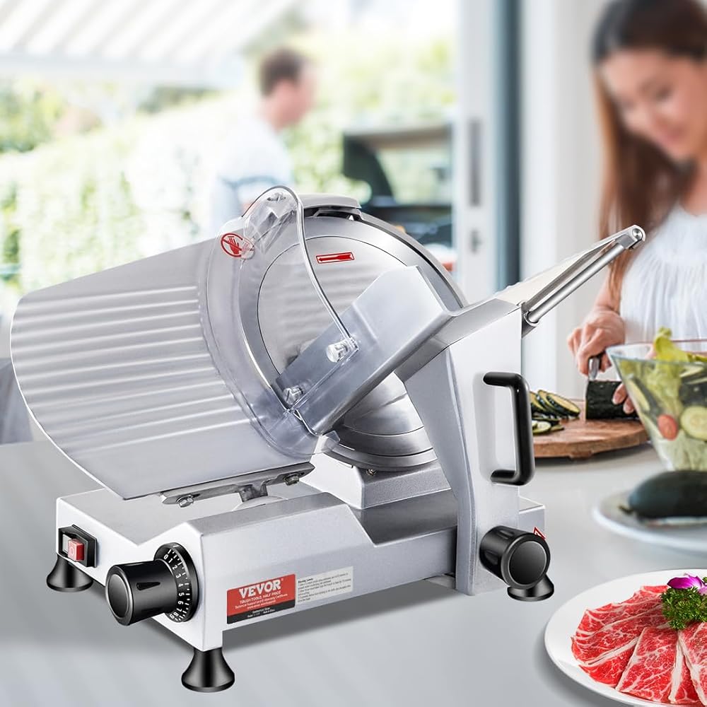 VEVOR Commercial Meat Slicer, 10 inch Electric Food Slicer, 240W Frozen Meat Deli Slicer, Premium Chromium-plated Steel Blade Semi-Auto Meat Slicer For Commercial and Home use: Home & Kitchen