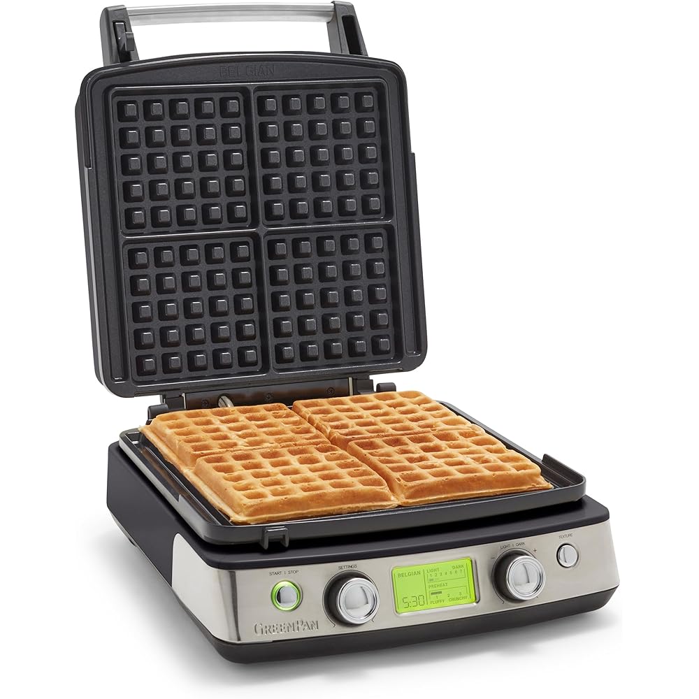 GreenPan Elite 4-Square Belgian & Classic Waffle Maker, Healthy Ceramic Nonstick Aluminum Dishwasher Safe Plates, Adjustable Shade/Crunch Control, Wont Overflow,Easy Cleanup Breakfast,PFAS-Free,Black: Home & Kitchen