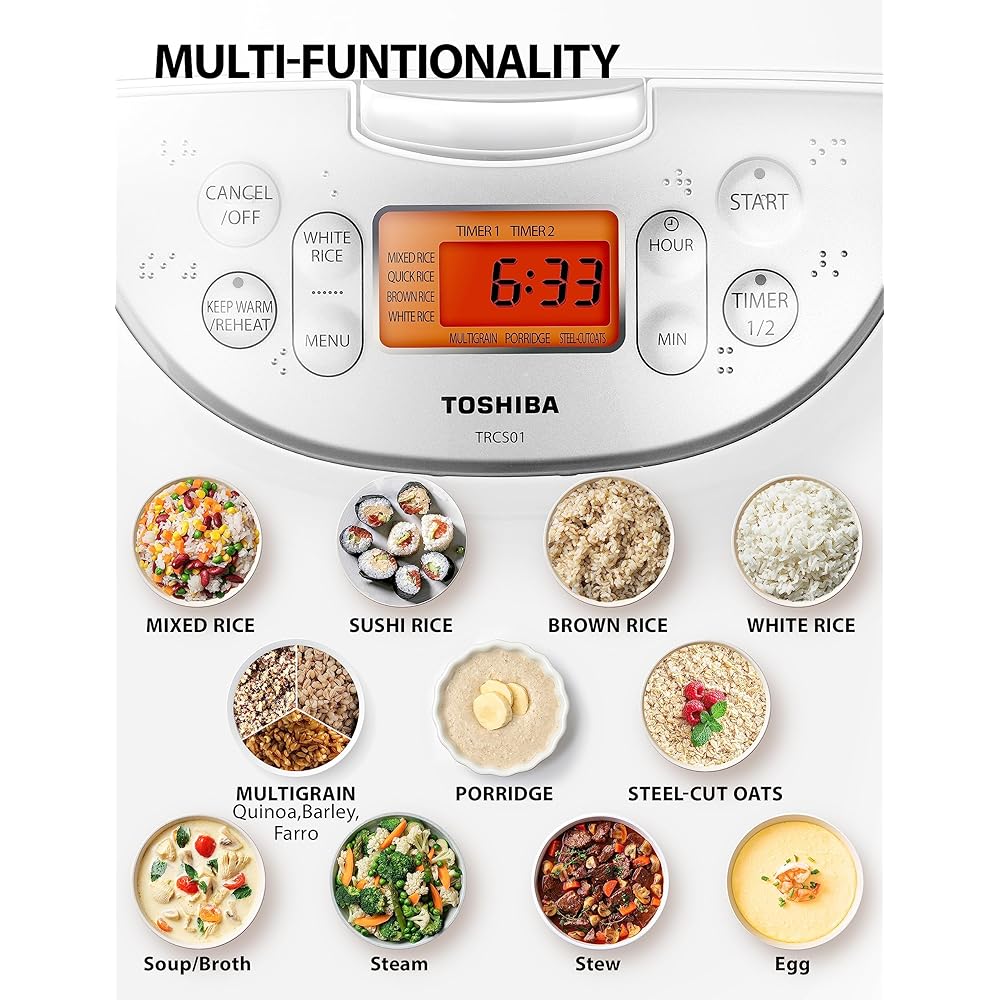 Toshiba Rice Cooker 6 Cup Uncooked – Japanese Rice Cooker with Fuzzy Logic Technology, 7 Cooking Functions, Digital Display, 2 Delay Timers and Auto Keep Warm, Non-Stick Inner Pot, White: Home & Kitchen