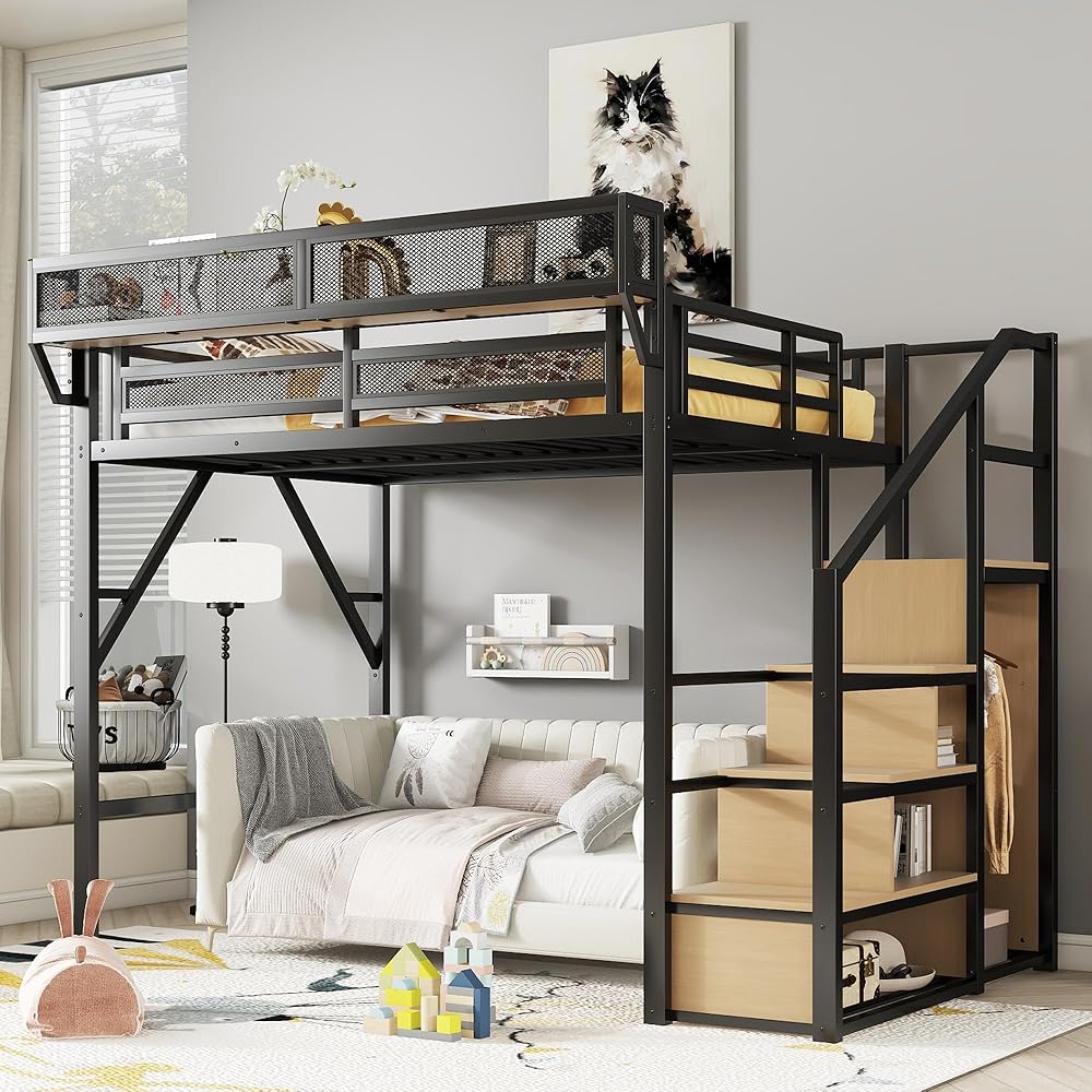 KEIKI Full Size Metal Loft Bed Frame with Staircase, Built-in Storage Shelves and Wardrobe, Modern Loft Bed with Solid Slats and Guardrail, No Box Spring Required, Easy Assembly, for Bedroom, Black : Home & Kitchen