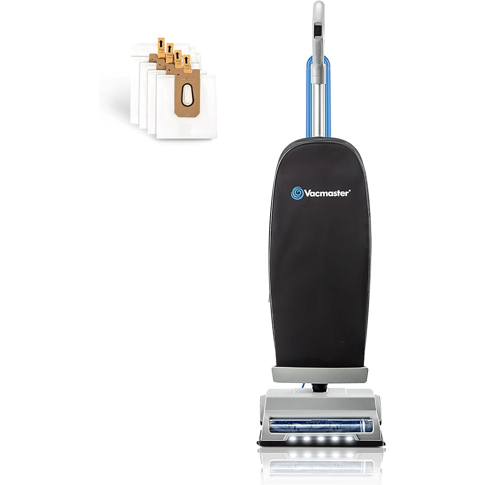 - Vacmaster UB0402 Commercial Vacuum Cleaner Ultra-Lightweight 14L Capacity Bagged Upright Vac with LED Headlight and 2-Speed Setting Powerful Suction for Pets, Carpets & Hard Floor