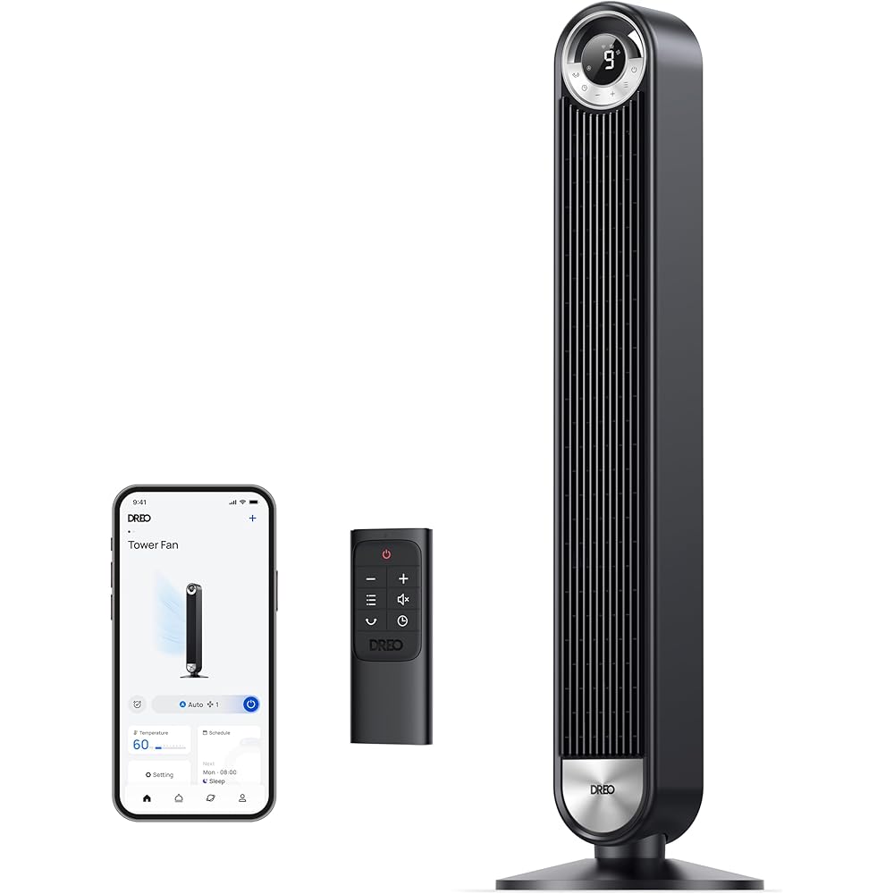Dreo Smart Tower Fans for Home, 90掳 Oscillating Fan Bedroom Indoors, Voice Control Floor with 12H Timer, 42 Inch Quiet Bladeless Standing LED Display, 9 Speeds, Work Alexa/Google