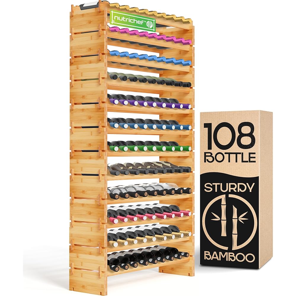 NutriChef Bamboo Stackable Wine Rack, 12-Tier 108 Bottle Capacity Free Standing Floor, No Tools Assembly, Modular Storage Display Shelf for Kitchen and Cellar 33.5