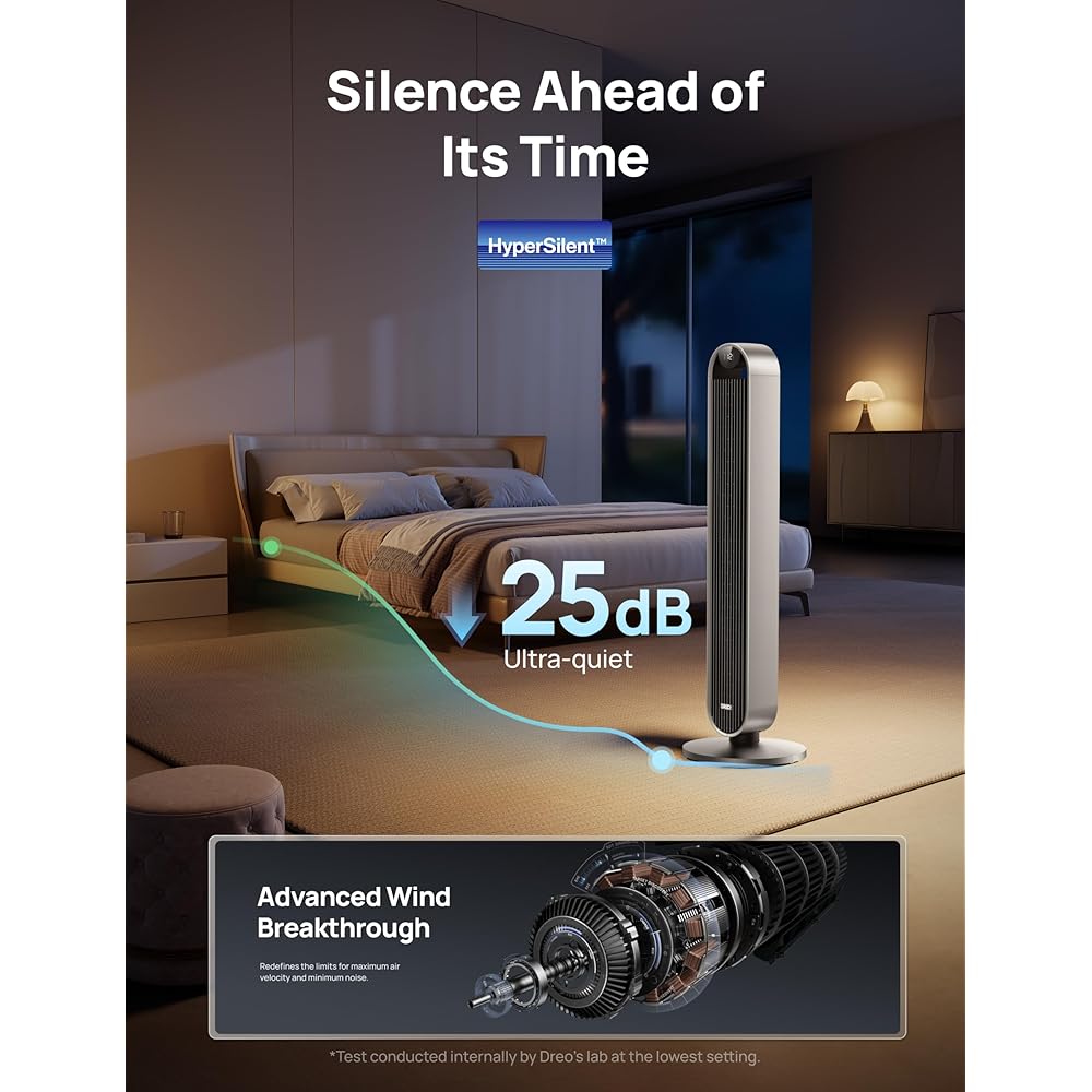 Dreo Tower Fan for Bedroom, 42 Inch 120° Oscillating Fan, 25dB Quiet DC Motor, 28ft/s Velocity Bladeless Standing Fan with 12 Speeds, 4 Modes, 12H Timer Cooling Fans for Home, Living Room, Pilot Max S : Home & Kitchen