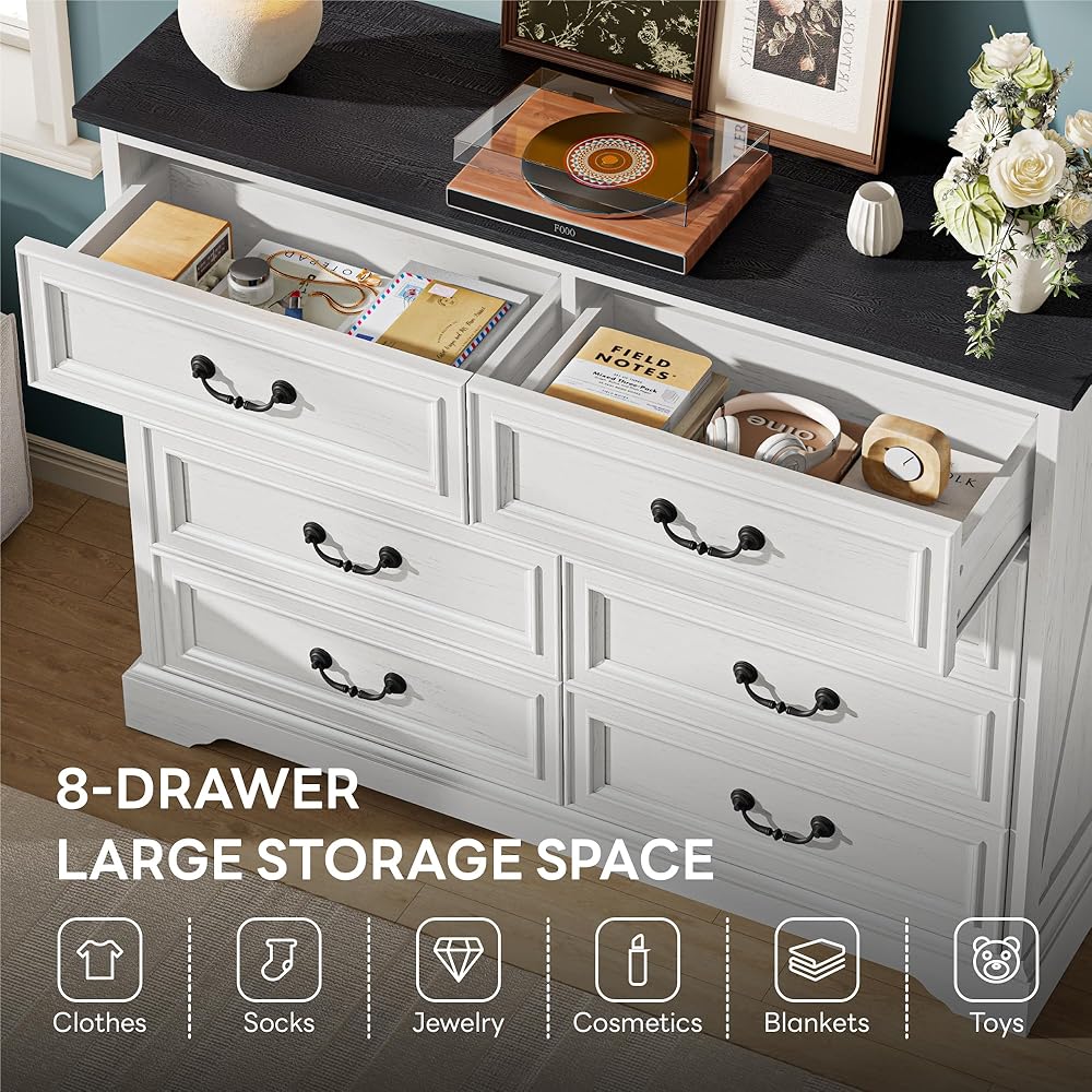 LIKIMIO Farmhouse 8 Drawer Dresser for Bedroom, 52