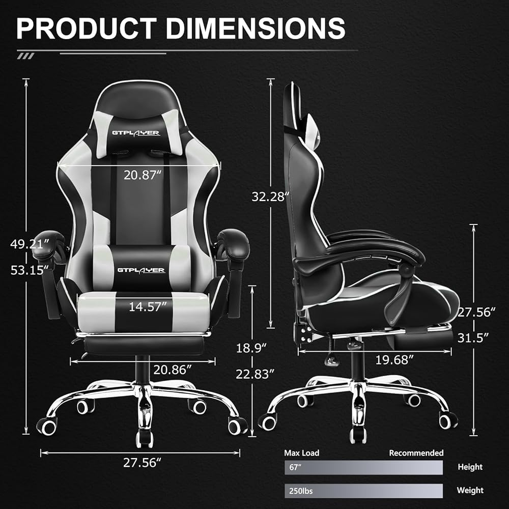 GTPLAYER Gaming Chair, Computer Chair with Footrest and Lumbar Support, Height Adjustable Game Chair with 360°-Swivel Seat and Headrest and for Office or Gaming (Snow White) : Home & Kitchen