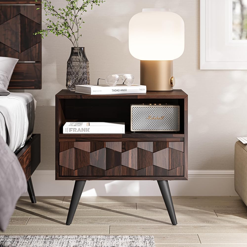 Bme Georgina Solid Wood Nightstand With 1 Drawer & Open Shelf- Fully Assembled Mid Century Modern Side Table - Geometric Pattern Bedside Dresser for Bedroom and Living Room : Home & Kitchen