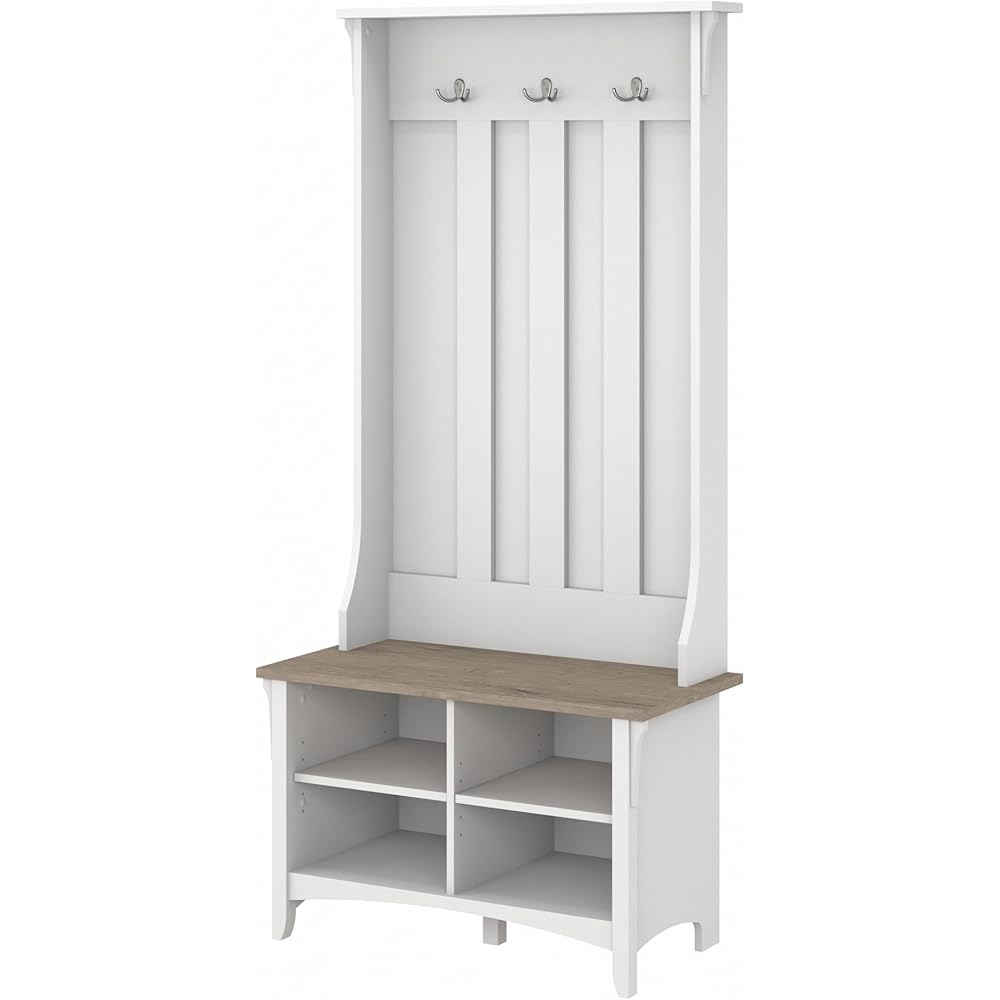 Bush Furniture Salinas Hall Tree with Shoe Storage Bench in Shiplap Gray and Pure White, Multi-Purpose Home Organizer, Entryway Solution with Seating and Hooks : Home & Kitchen