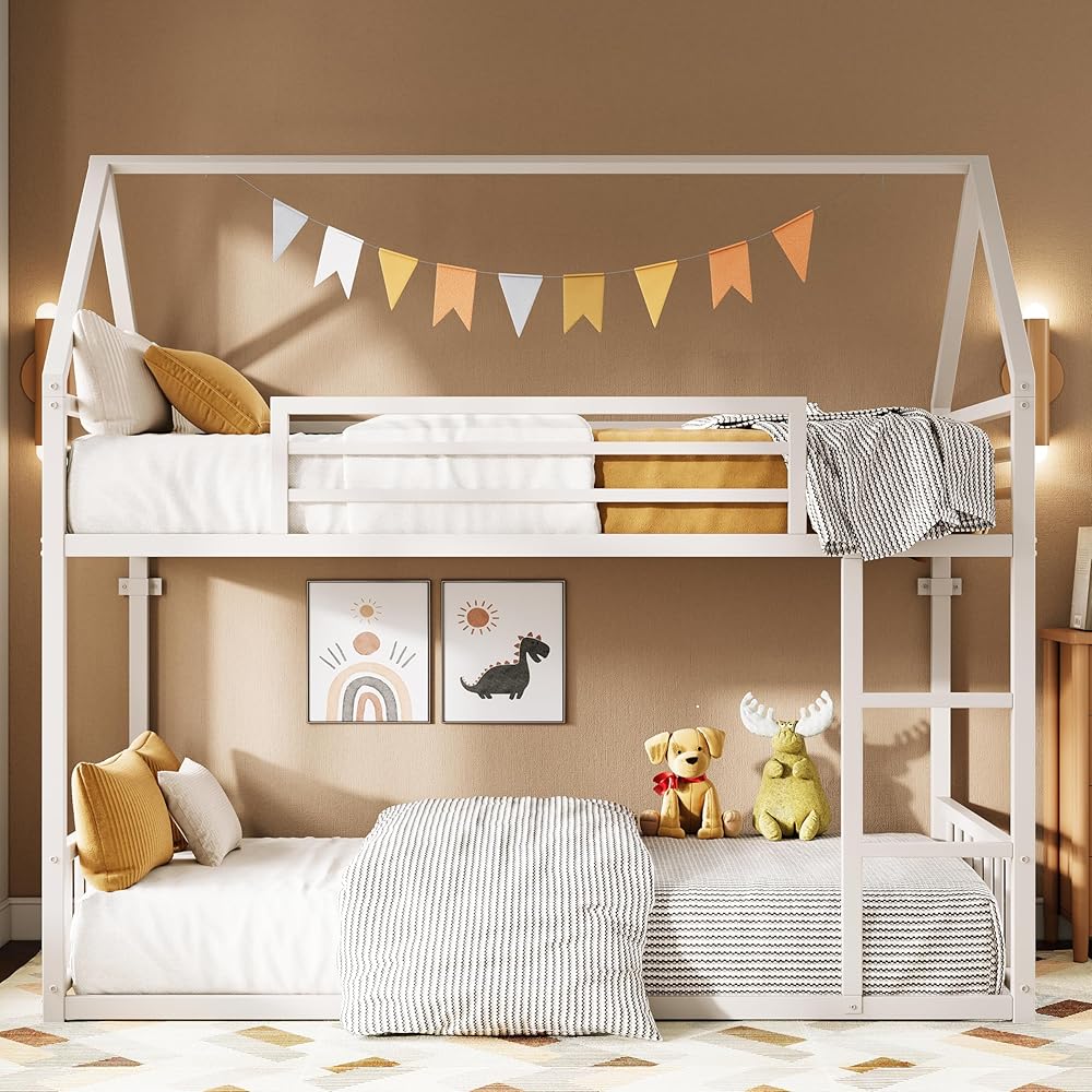 LIKIMIO Bunk Bed Twin Over Twin, House Bunk Bed Frame with Ladder and Guardrail, House Shaped with Metal Slats for Dormitory and Bedroom, Space Saving, No Box Spring Needed, White : Home & Kitchen