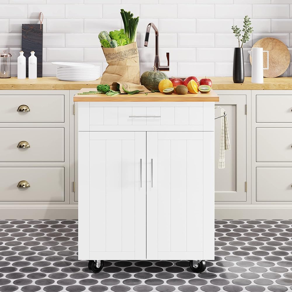 Shintenchi Kitchen Island Cart with Storage,Rolling Side Table on Wheels with Large Worktop, Cabinet,Towel Rack and Drawers for Kitchen,Dinning Room, White : Home & Kitchen