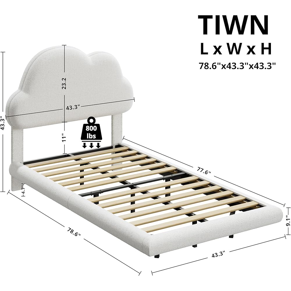 LIKIMIO Twin Bed Frames with LED Light, Floating Bed Frame with Upholstered Headboard, Solid Wooden Slats Support, No Box Spring Needed, White : Home & Kitchen