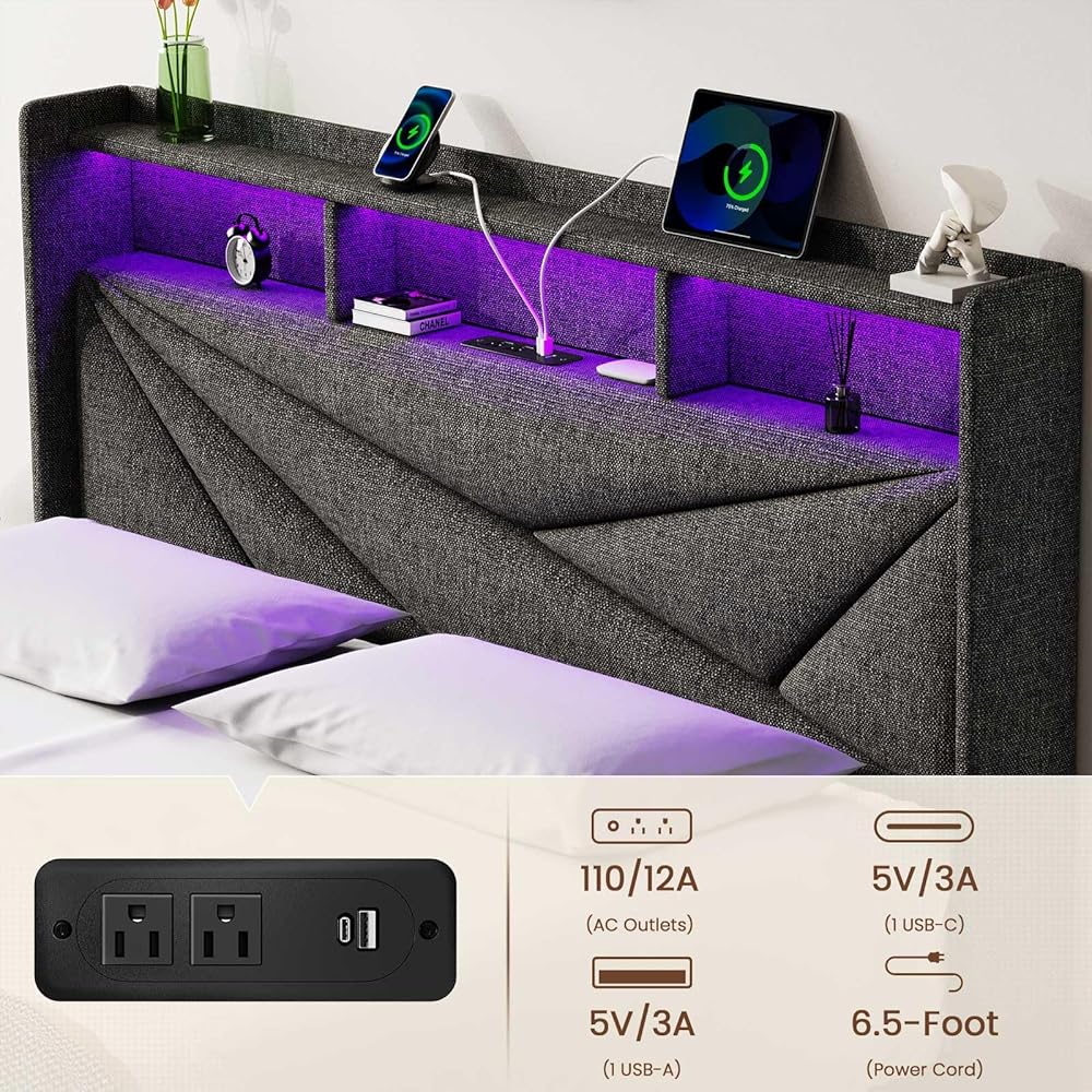 Driftalia LED King Size Bed Frame with 2 Storage Drawers, Upholstered King Bed Frame with Headboard and Charging Station, No Box Spring Needed, Easy to Assembly-Dark Grey : Home & Kitchen