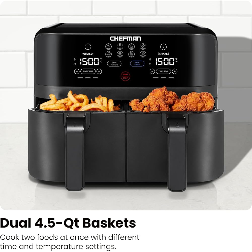 Chefman TurboFry Touch Dual Air Fryer, Maximize The Healthiest Meals With Double Basket Capacity, One-Touch Digital Controls And Shake Reminder For The Perfect Crispy And Low-Calorie Finish : Home & Kitchen
