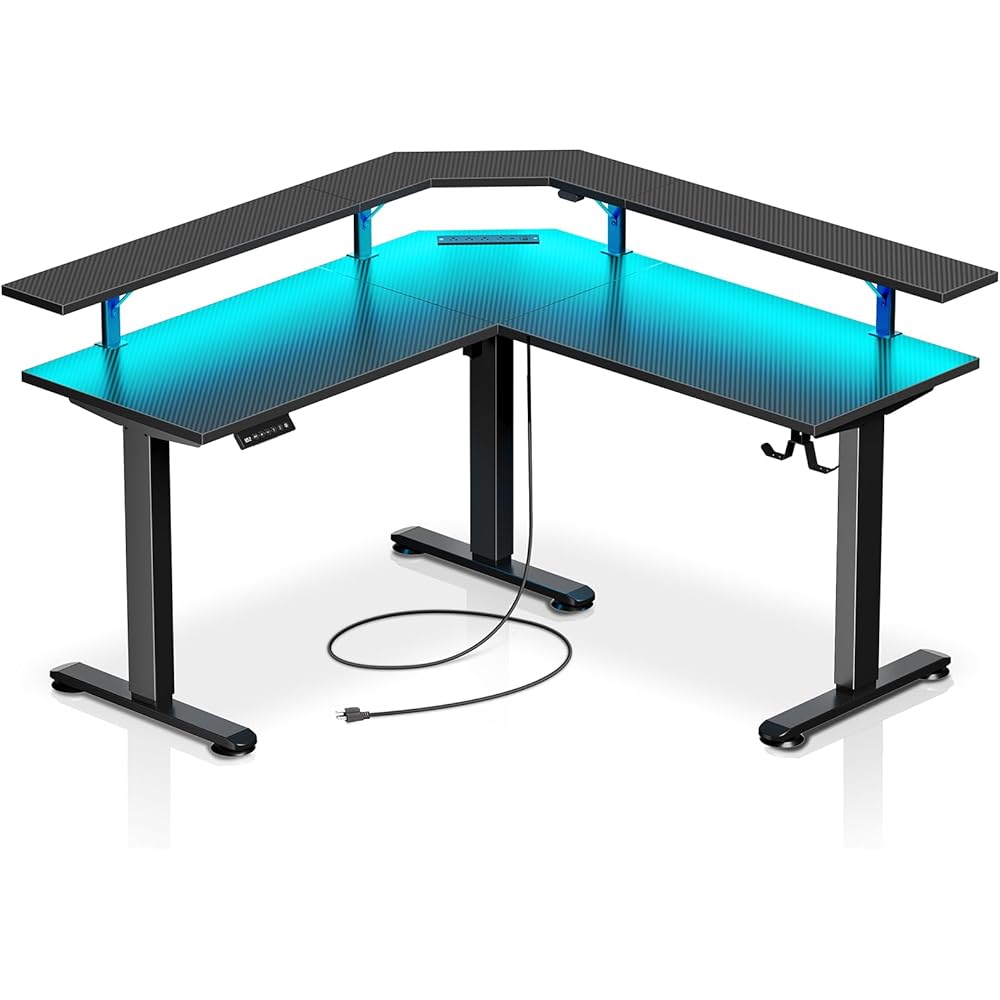 Rolanstar Standing Desk L Shaped with LED Light and Power Outlet, Electric Height Adjustable Desk with Monitor Stand, Carbon Fiber : Home & Kitchen