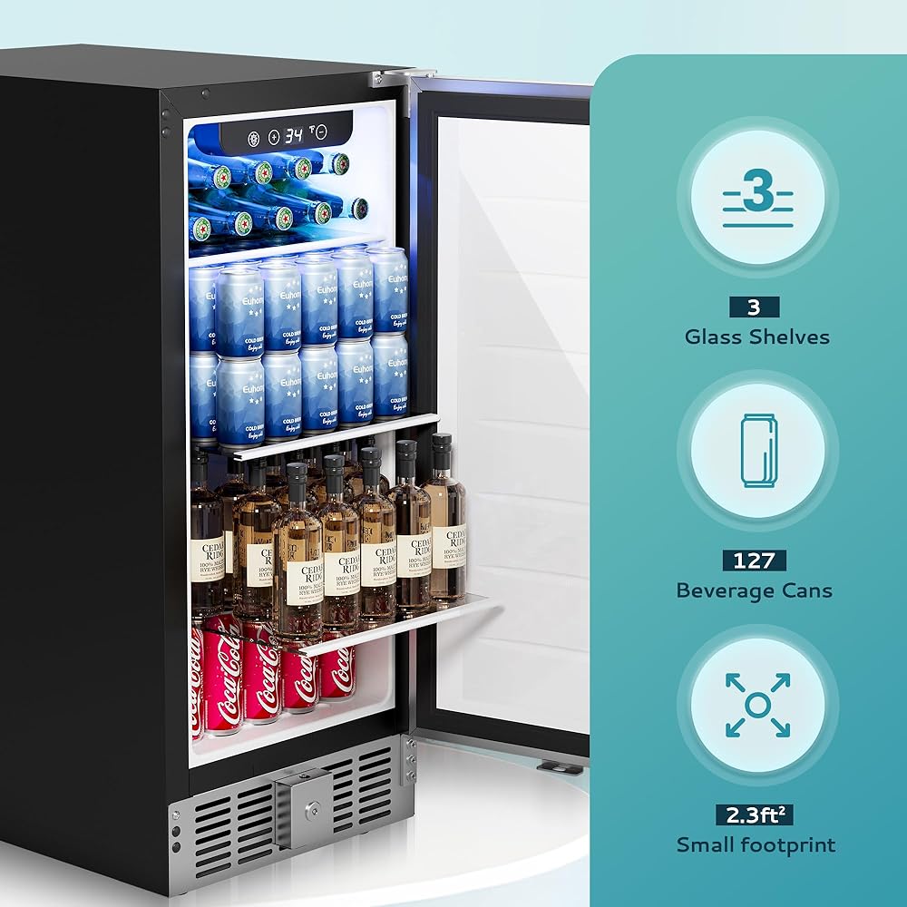 EUHOMY Beverage Refrigerator 15 Inch, Under Counter 127 Can Beverage Fridge with Stainless Steel Door, Beverage Cooler Built-in and Undercounter Drink Fridge - Soda Cola : Appliances