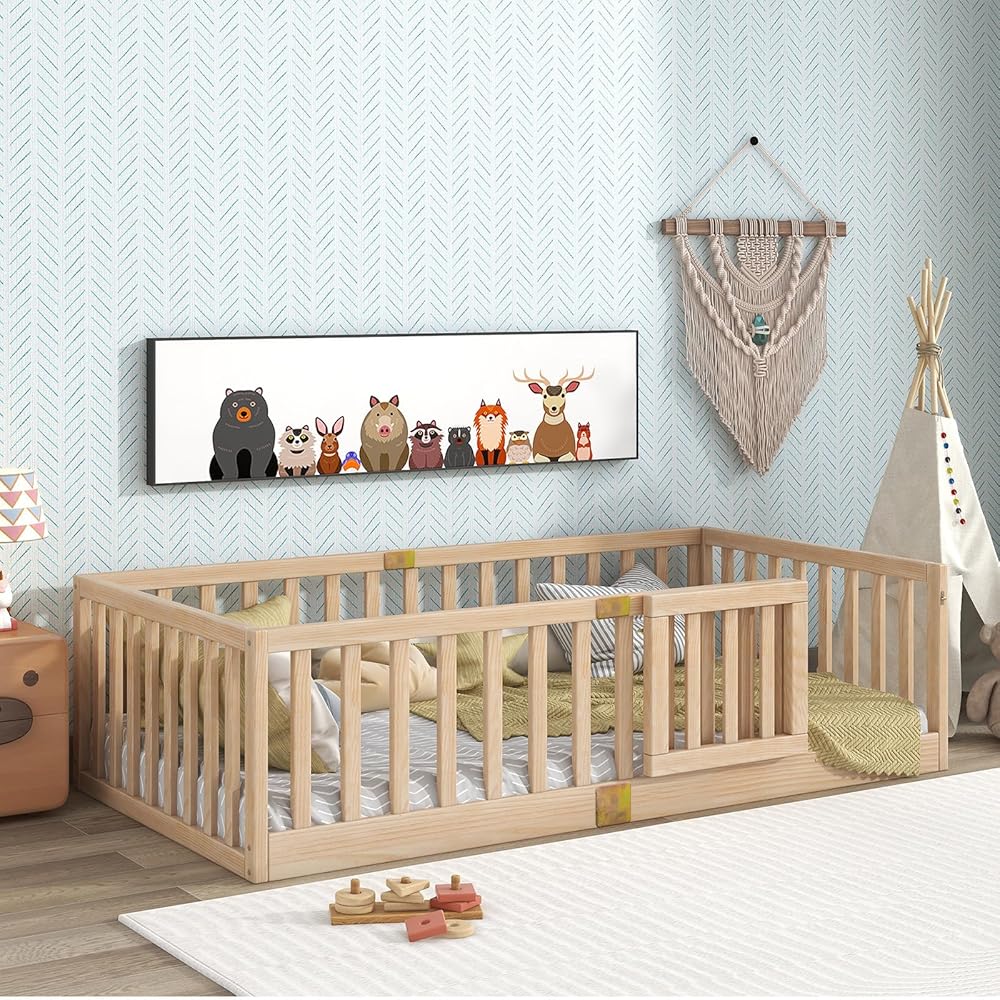 Tatub Twin Montessori Floor Bed with High Rails, Solid Wood Montessori Bed Frame for Kids, Door Can Install Left and Right, Twin-Nature : Home & Kitchen