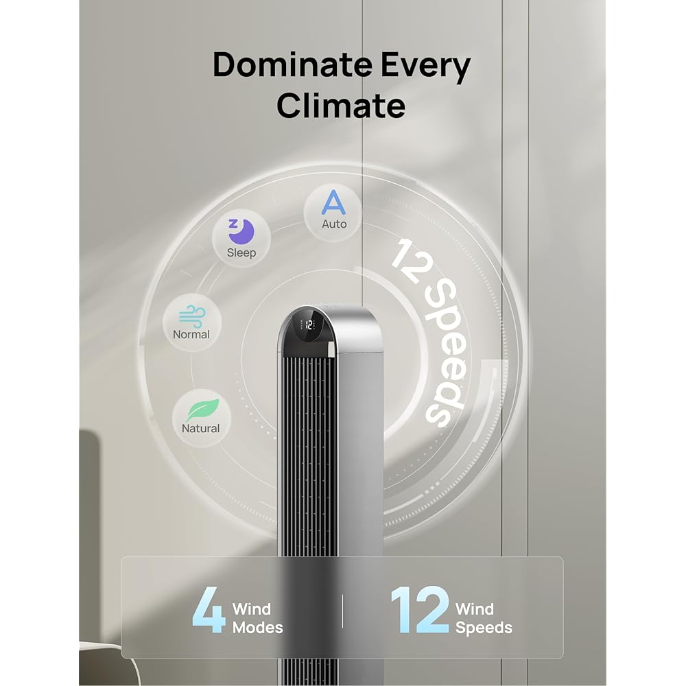 Dreo Tower Fan for Bedroom, 42 Inch 120° Oscillating Fan, 25dB Quiet DC Motor, 28ft/s Velocity Bladeless Standing Fan with 12 Speeds, 4 Modes, 12H Timer Cooling Fans for Home, Living Room, Pilot Max S : Home & Kitchen