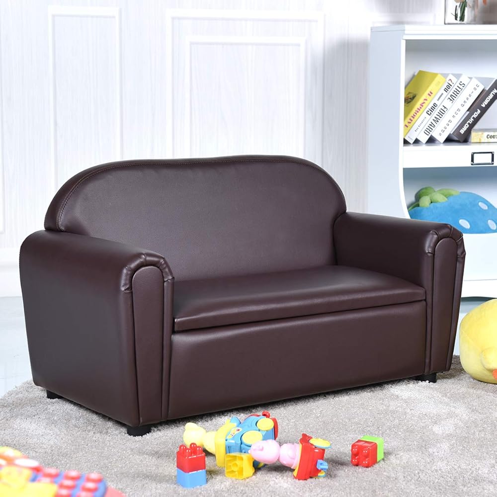 Costzon Kids Couch, 2 in 1 Double Seat Children's Sofa w/Under Seat Storage, PU Leather Surface, Toddler Armrest Chair, Kids Room, Soft Sofa with Storage for Preschool Baby Boys Girls Gifts : Home & Kitchen