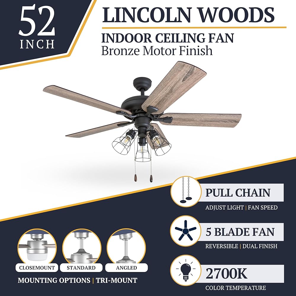 Prominence Home Lincoln Woods, 52 Inch Industrial Style LED Ceiling Fan with Light, Pull Chain, Three Mounting Options, 5 Dual Finish Blades, Reversible Motor - 50581-01 (Bronze) -