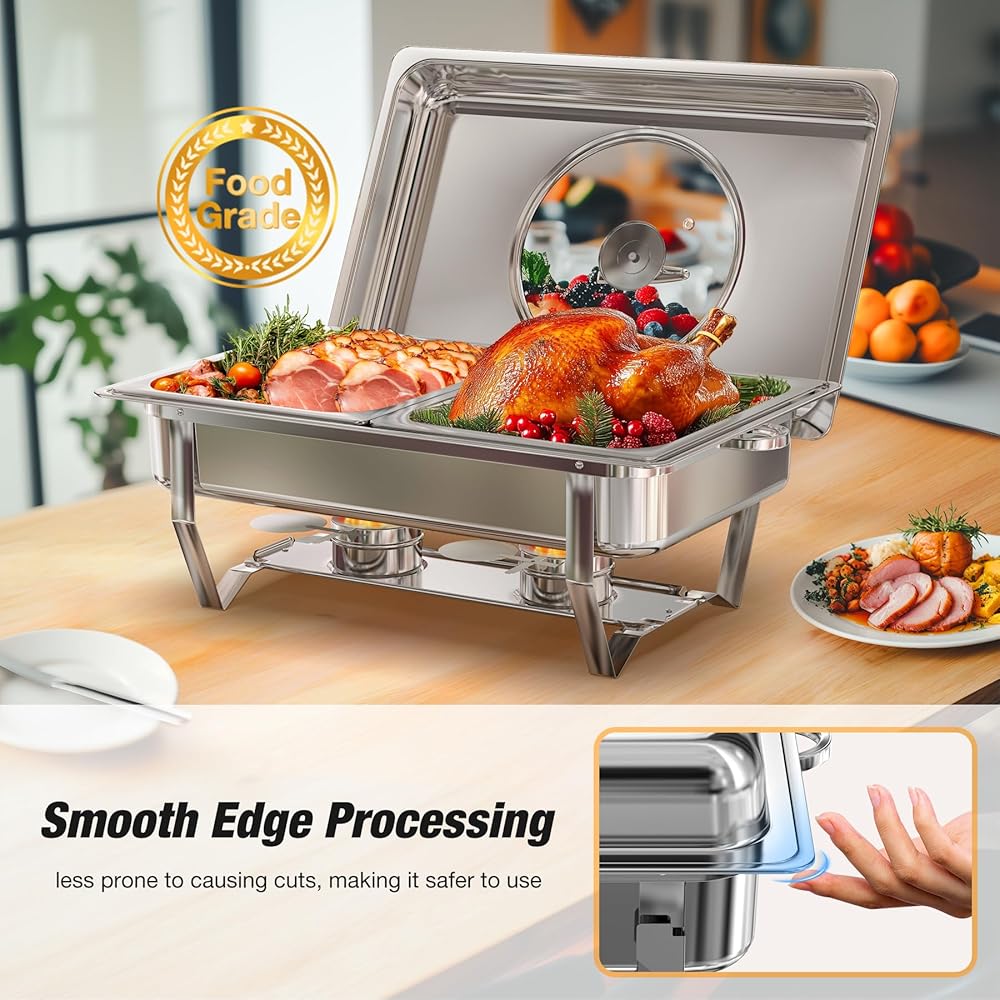 WARMOUNTS Chafing Dishes for Buffet with Glass Lid (9QT, 4Pack) - Food-Grade Stainless Steel, Rolled Edge Design, Foldable Frame, Lid Holder, Buffet Servers and Warmers Parties, Catering, Weddings: Home & Kitchen