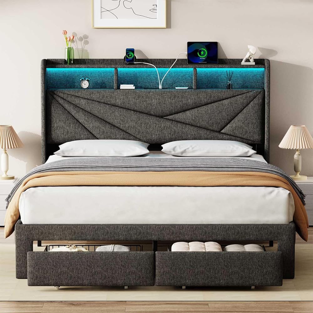 Driftalia LED King Size Bed Frame with 2 Storage Drawers, Upholstered King Bed Frame with Headboard and Charging Station, No Box Spring Needed, Easy to Assembly-Dark Grey : Home & Kitchen