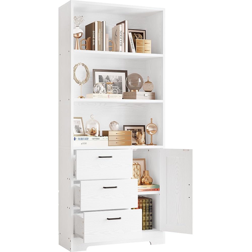 IRONCK Bookshelf with Door and 3 Drawers, 71in Tall Bookcase Shelf with 3-Tier Shelves, for Bedroom Living Room Entrance Hallway Home Office : Home & Kitchen