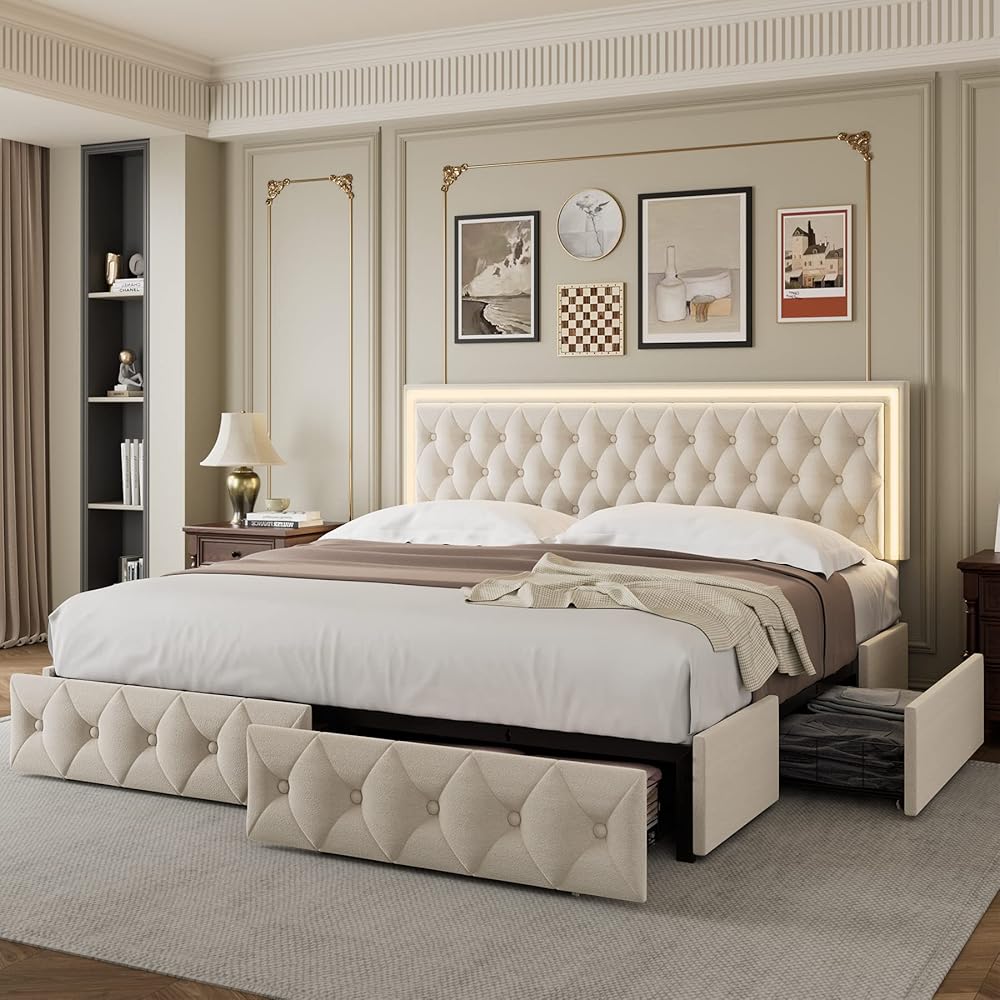 Keyluv Queen Upholstered LED Bed Frame with 4 Drawers, Velvet Platform Storage Bed with Adjustable Button Tufted Headboard and Solid Wooden Slats Support, No Box Spring Needed, Beige : Home & Kitchen