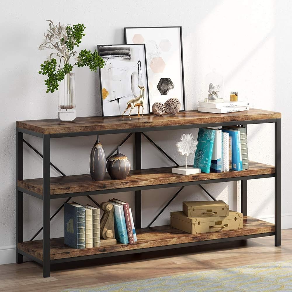Tribesigns 55 Inches Long Sofa Table with Storage Shelves, 3 Tiers Industrial Rustic Console Table with Open Shelves, Three Decorative Shelf, Open TV Shelf for Living Room, Hallway, Book : Home & Kitchen