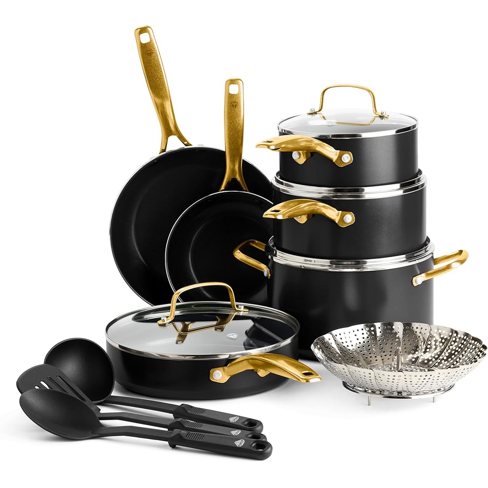 Blue Diamond 14 Piece Induction Nonstick Cookware Set, Diamond Infused PFAS-Free Ceramic Nonstick Pots & Pans, Durable Metal Utensil Safe, Dishwasher Safe, Oven & Broiler to 600F, Black/Gold