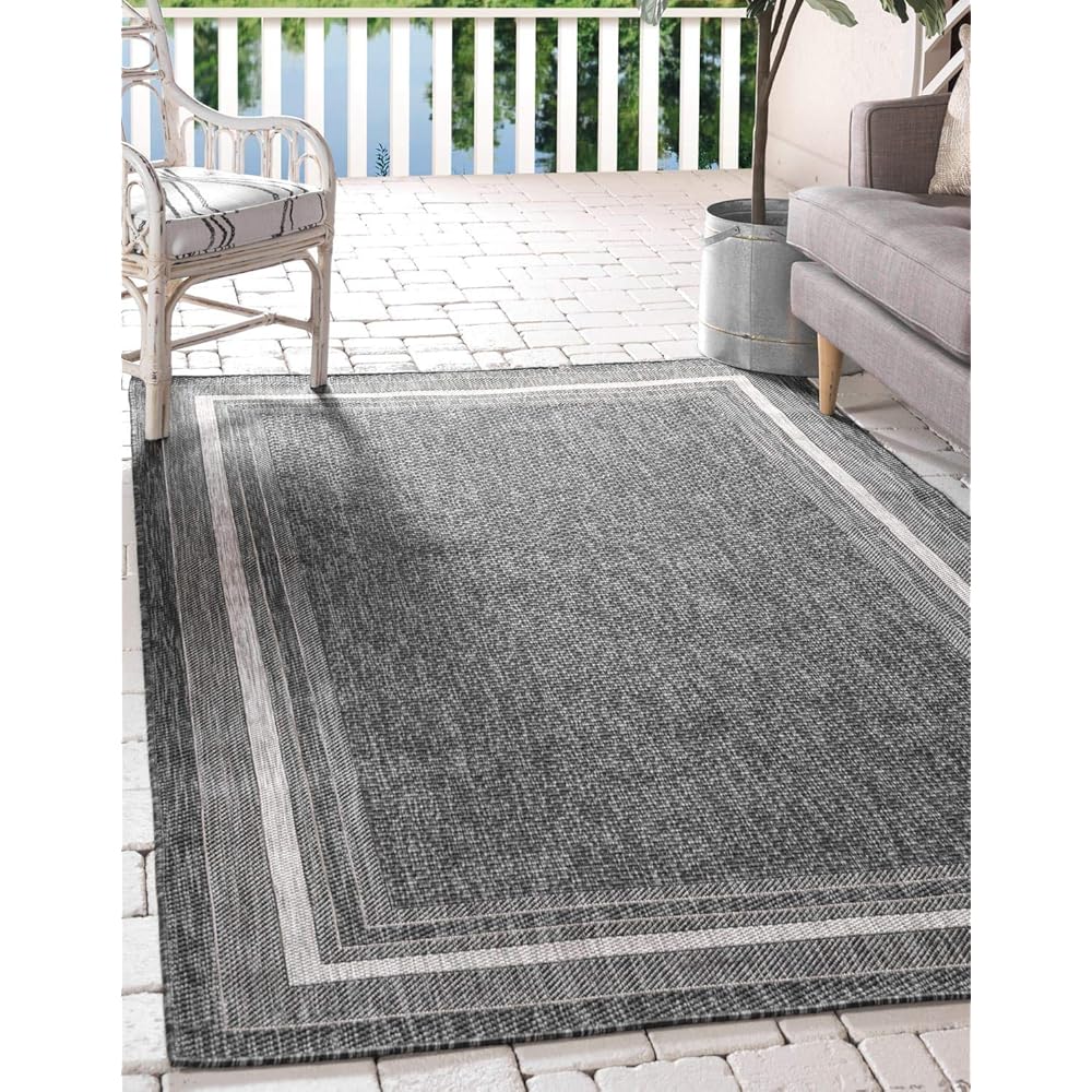 Unique Loom Outdoor Border Collection Area Rug - Soft Border (9' x 12' Rectangle, Black/ Ivory)