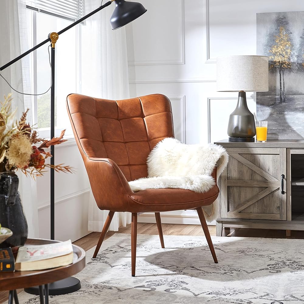 Yaheetech Leather Accent Chairs, Living Room Chairs Leather Large Armchairs Accent Chairs with Metal Legs for Living Bedroom Office Statement, Camel : Home & Kitchen