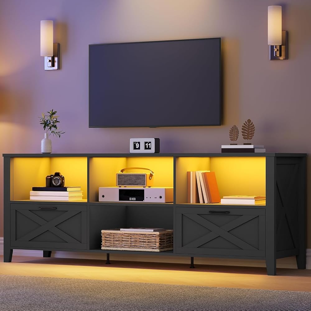 YITAHOME 70 Inch Farmhouse TV Stand, LED Light Entertainment Center Accommodates TVs up to 80 Inches, Media TV Console with Storage Compartments and Customizable Divider for Living Room (Black) : Home & Kitchen