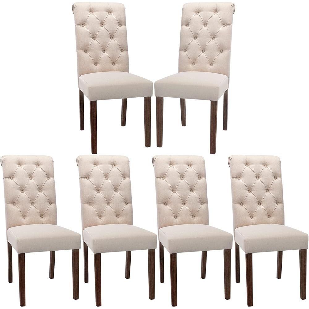 - COLAMY Button Tufted Dining Chairs Set of 6, Accent Parsons Diner Chair Upholstered Fabric Dining Room Chairs Stylish Kitchen Chairs with Solid Wood Legs and Padded Seat - Dark Beige - Chairs