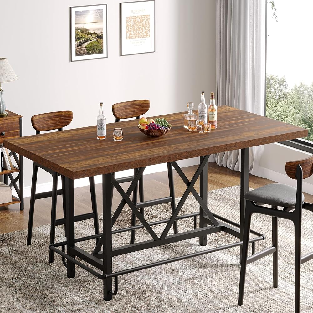 Tribesigns Bar Table, Industrial Counter Height Pub Table with Metal Footrest, 63-Inch Rectangle Wood Kitchen Dining Table with Sturdy Metal Frame for Dining Room, Home Bar (Brown) : Home & Kitchen
