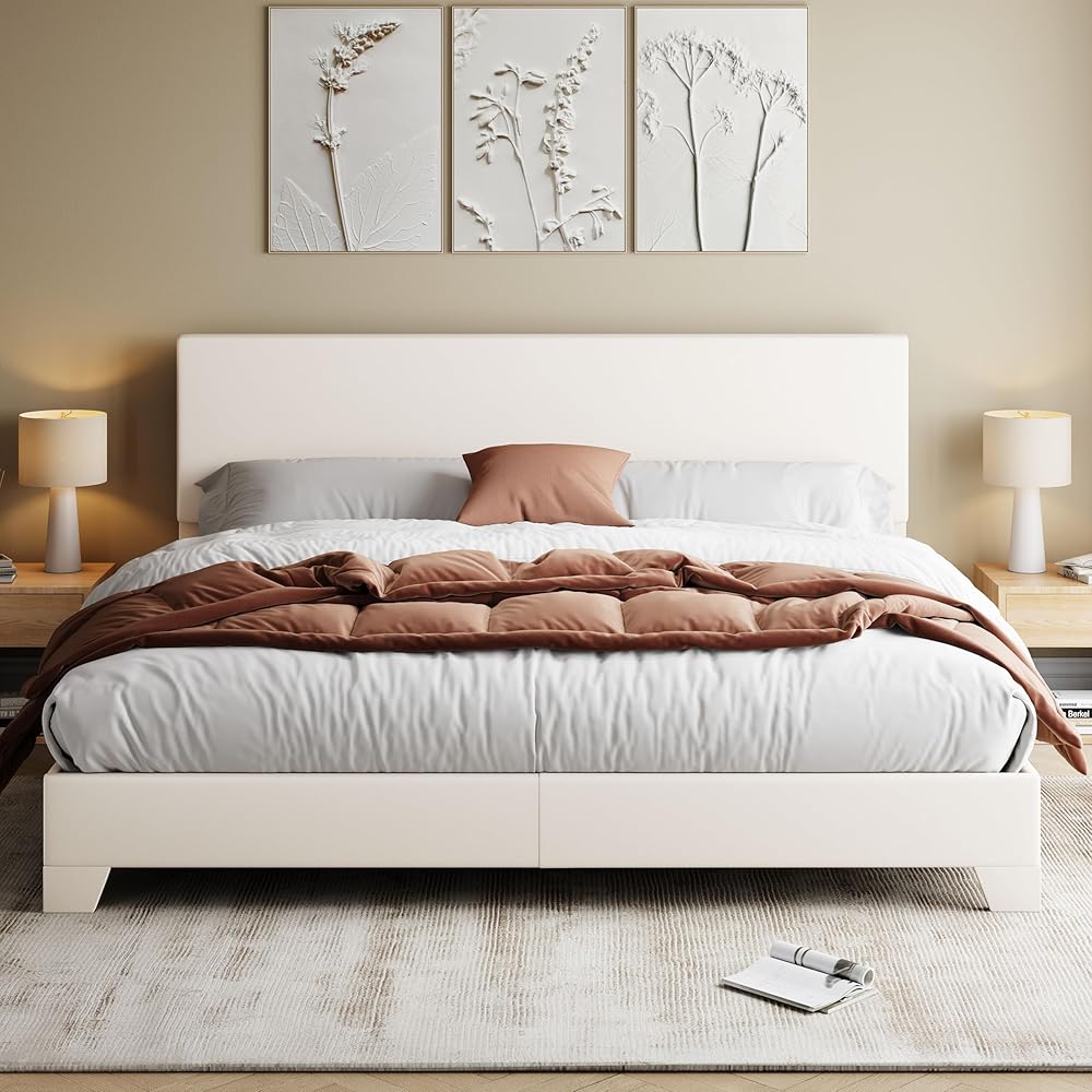 Allewie King Size Bed Frame with Adjustable Headboard, Faux Leather Platform Bed with Wood Slats, Heavy Duty Mattress Foundation, No Box Spring Needed, Noise-Free, Easy Assembly, White : Home & Kitchen