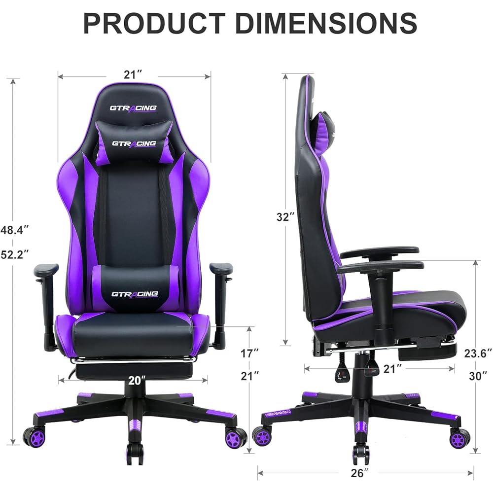 GTRACING Gaming Chair with Footrest, Ergonomic Computer Game Desk Chair, Reclining Gamer Chair Seat Height Adjustment, Swivel Rocker with Headrest and Lumbar, Purple : Home & Kitchen