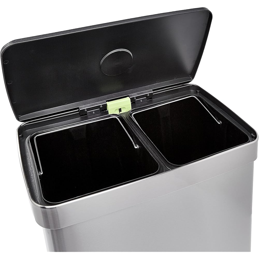 Amazon Basics Dual Compartment Recycling Trash Can with Soft-Close Lid and Removable Liner Buckets, 60 Liters, Rectangular, Grey, Silver : Home & Kitchen
