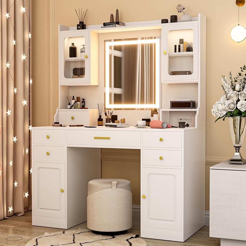 Wakefit Vanity Desk with Mirror and Lights, 42IN Makeup Table with 6 Drawers and 2 Cupboard Storage, Vanity Makeup with Power Outlet | LED Light with 3 Color Modes | Adjustable Brightness | White : Home & Kitchen