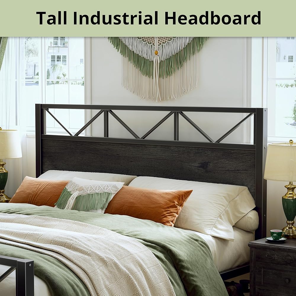 LIKIMIO King Bed Frame, Tall Industrial Headboard 51.2
