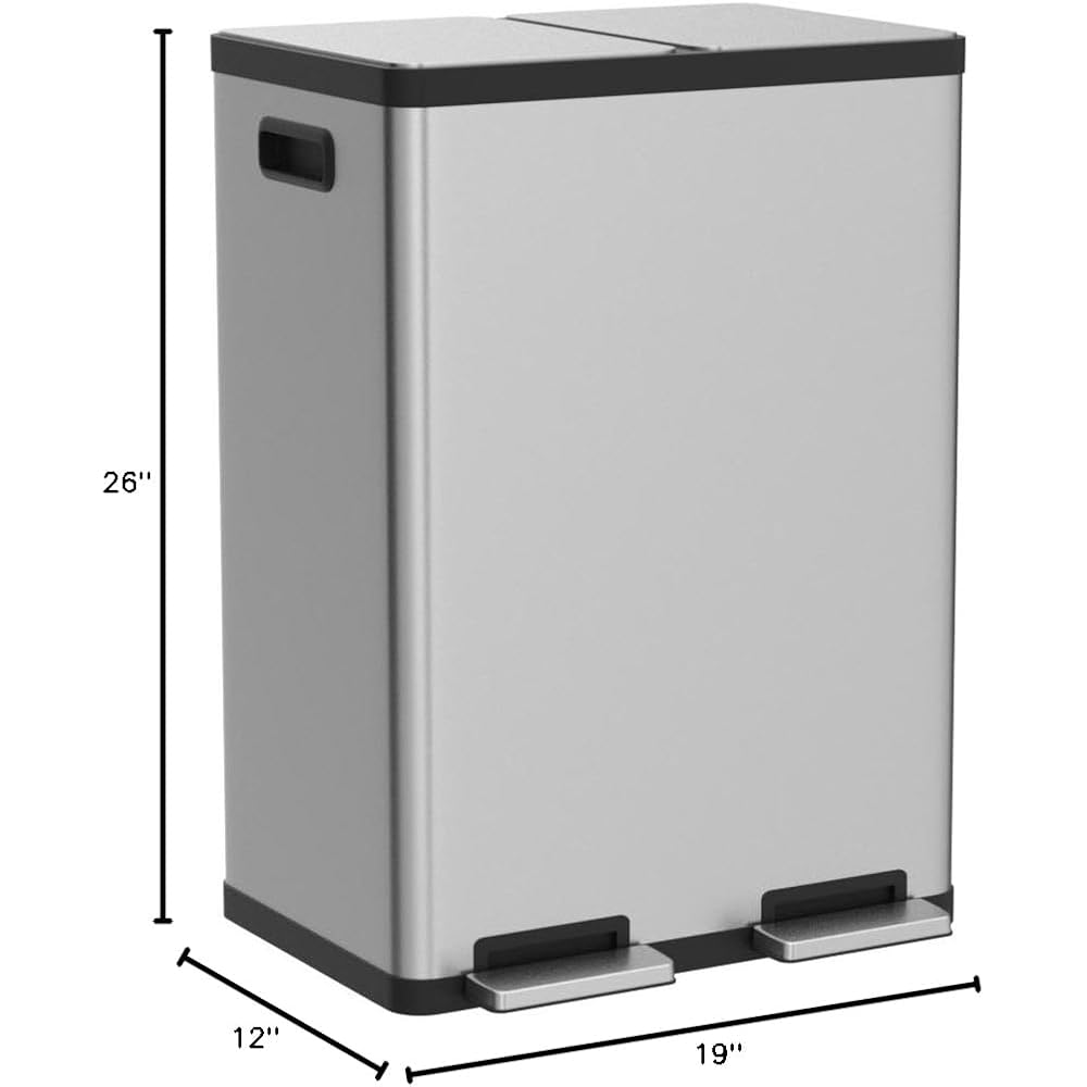 SIMPLI-MAGIC 60 Liter / 16 Gallon Rectangular Hands-Free Dual Compartment Recycling Kitchen Step Trash Can with Soft-Close Lid, Brushed Stainless Steel : Health & Household