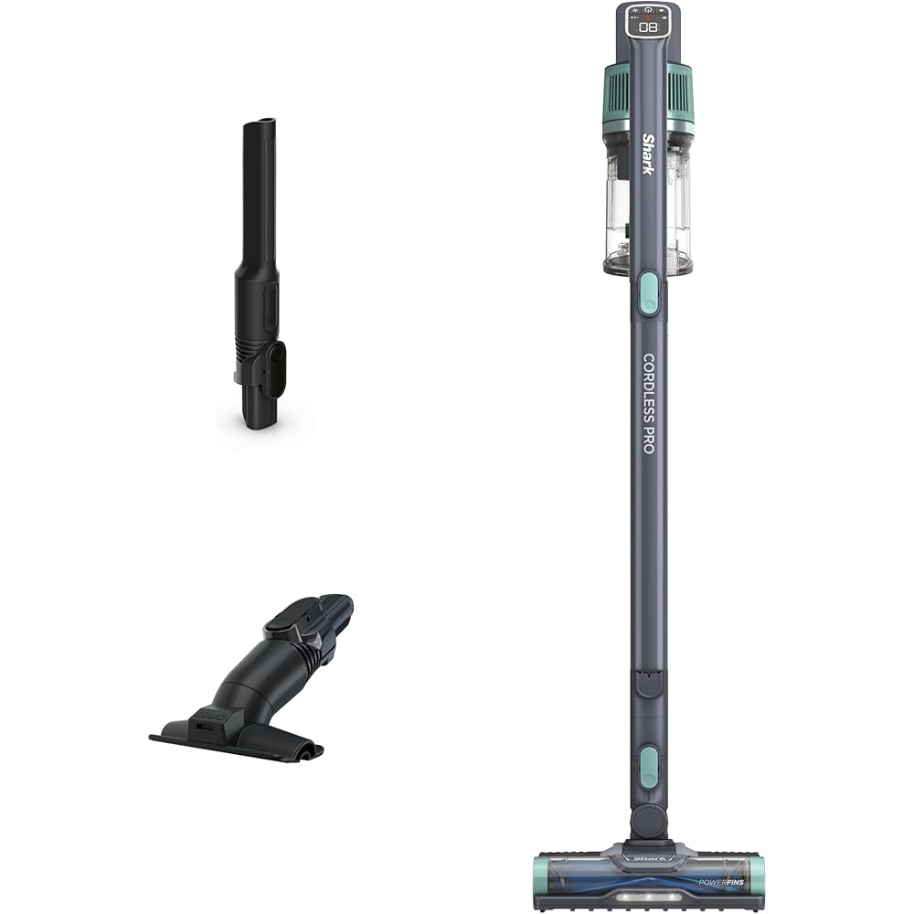 - Shark IZ631H Cordless Pro Vacuum with PowerFins and Self-Cleaning Brushroll, Includes Upholstery Tool & Crevice Tool, Up To 60 Minute Runtime, HEPA Filtration, Cordless Vacuum, Dark Grey/Mojito