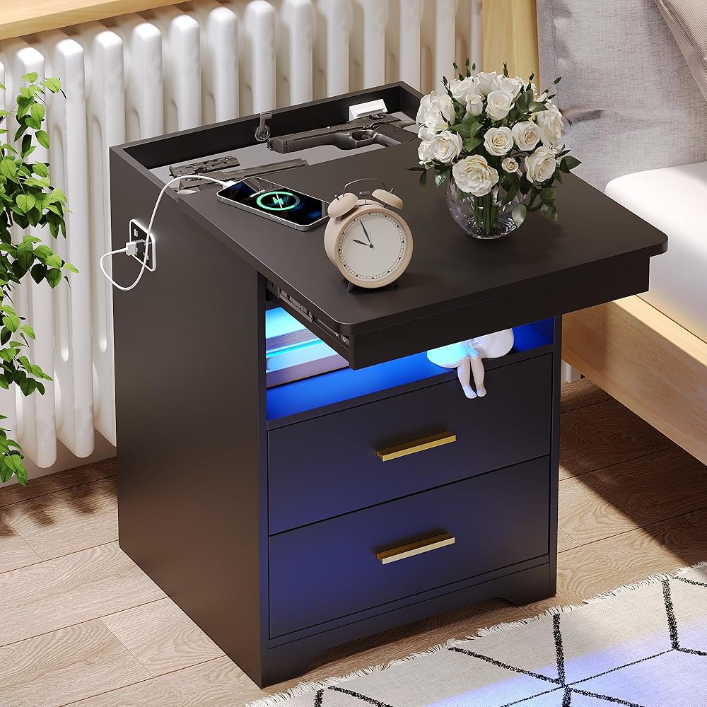 Night Stand with Gun Drawer, Charging Bedside Table with USB & Type-C Port, LED Nightstand with Human Sensor Light, Modern End Table with Drawers for Bedroom Office, Black : Home & Kitchen